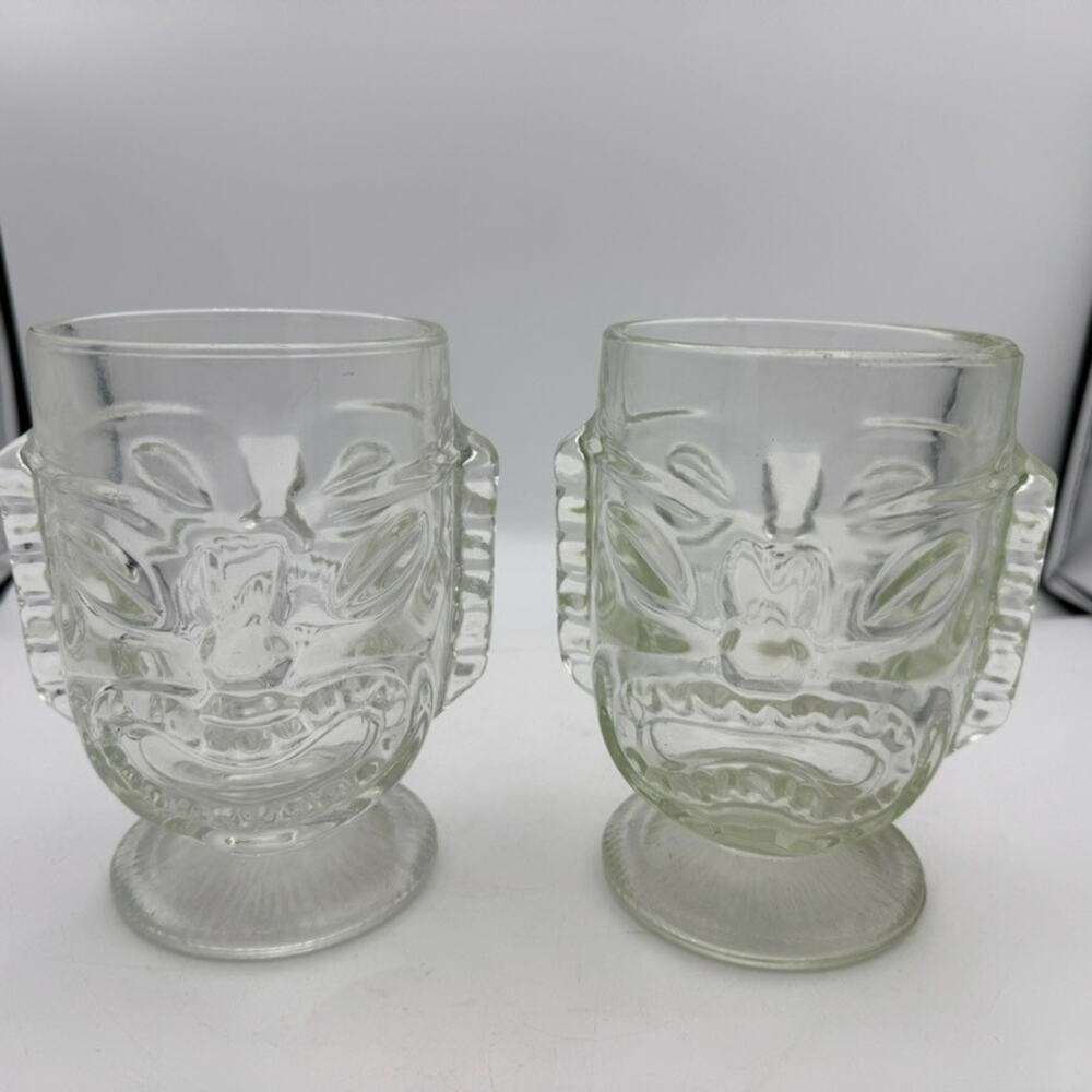 Tiki Face Clear Glass Mugs Set of 2 Vintage Mid-Century Barware Footed Goblets